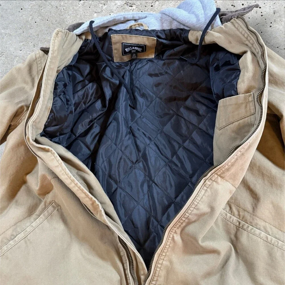 Billabong Hooded Canvas Work Jacket Tan Mens Size S Corduroy Collar Pullover